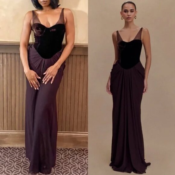 NWT Meshki Roxanne Velvet Corset Maxi Dress - Cacao Brown XS Xsmall 2US 34EU - Picture 2 of 12